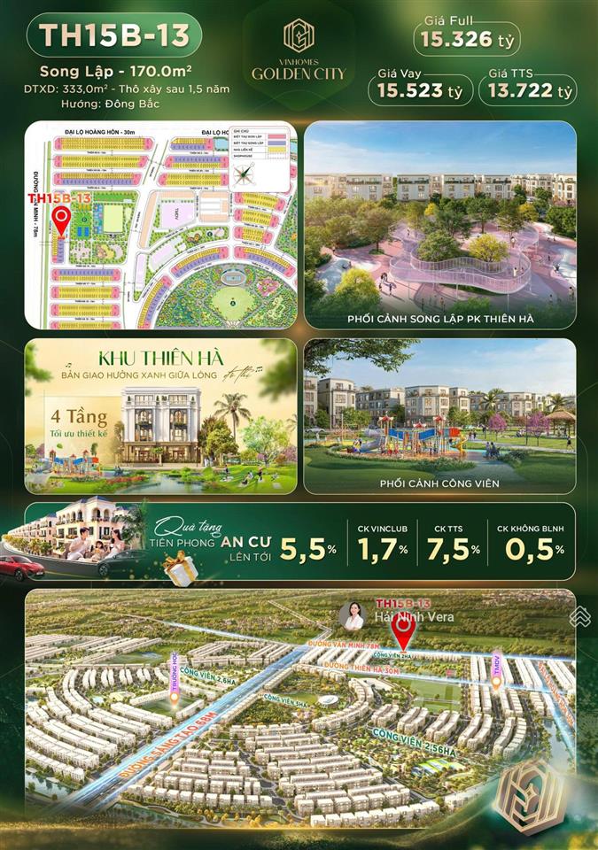 Bán biệt thự song lập đối diện công viên 2ha rộng 170m² vinhomes golden city dương kinh