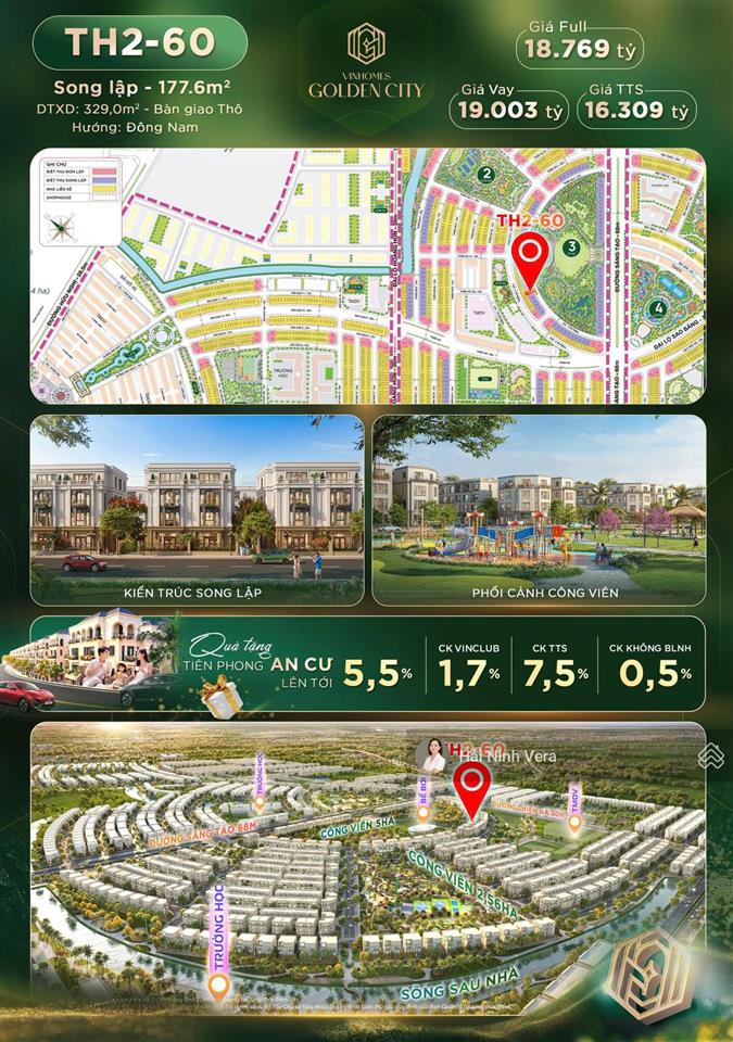 Biệt thự song lập 177,6m² nở hậu đối diện công viên lớn nhất 5ha vinhomes golden city dương kinh
