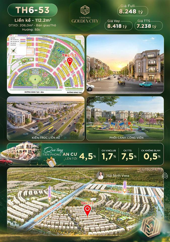 Bán liền kề vinhomes golden city dương kinh 112,2m² gần công viên 2,56ha giá từ hơn 7 tỷ