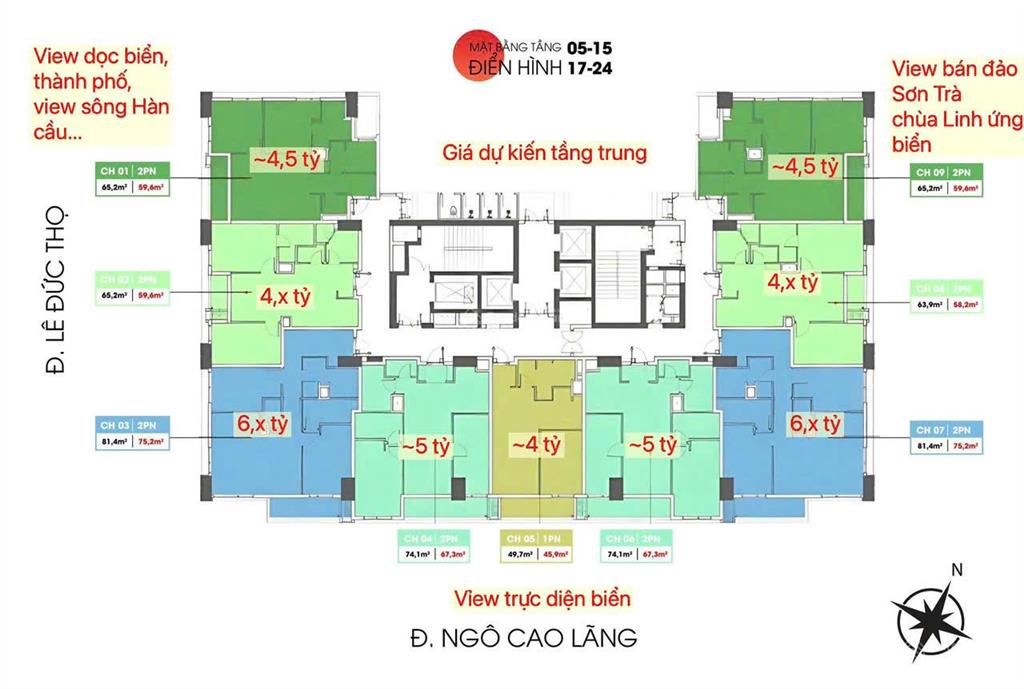 Bán căn hộ 2pn, 59m2 hiyori aqua tower đà nẵng. giá chỉ 5 tỷ, bàn giao nội thất liền tường