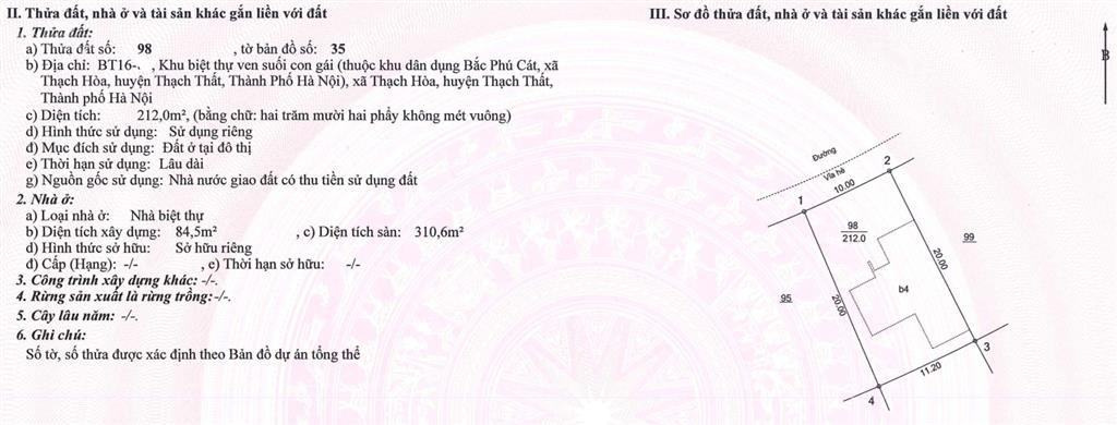 Chính chủ bán biệt thự phú cát city dt 212m², giá bán 85triệu/m² đã bao gồm đất + tiền xây.