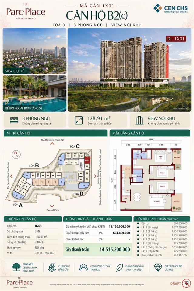 Bán căn 3pn góc đẹp hướng đông nam diện tích 128,91m2 chung cư park city hà nội