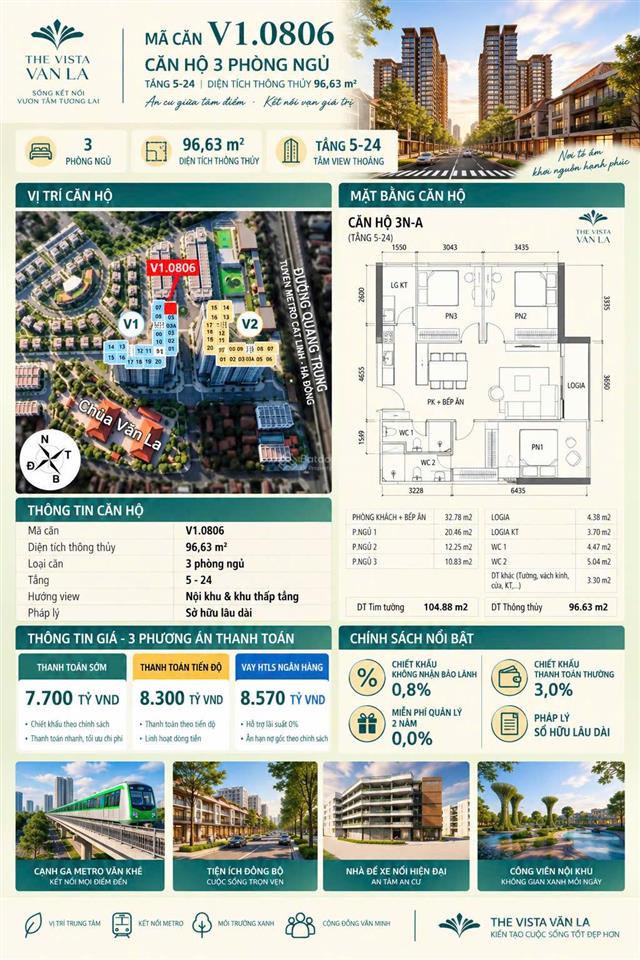 Bán căn 3pn diện tích 96m chung cư vista văn la giá 7,7 tỷ.  0962 231 ***
