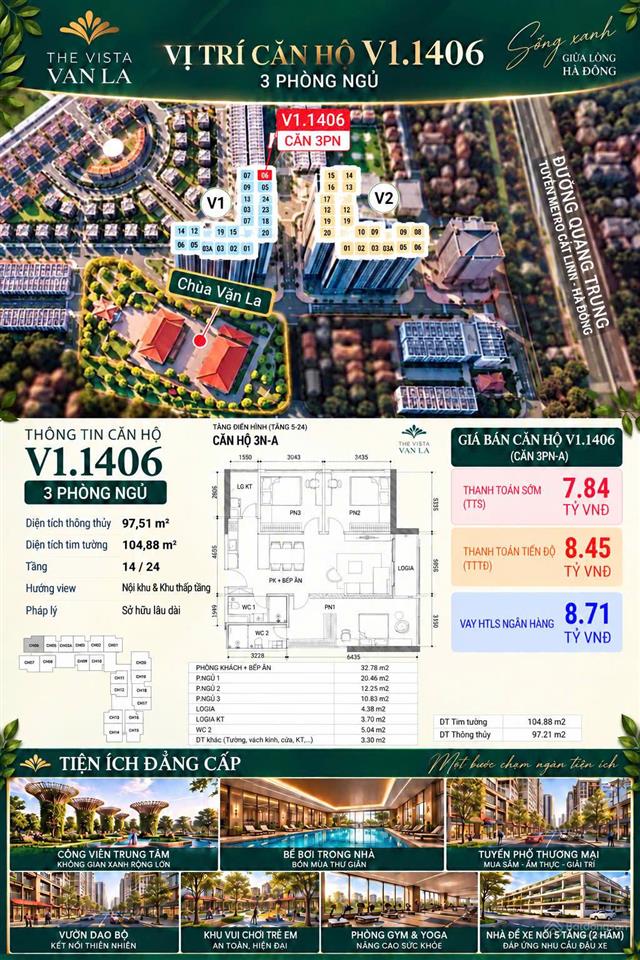Bán căn góc 3pn vista văn la ngay cạnh ga metro bàn giao full nội thất cao cấp, đơn giá tts~ 80tr/m