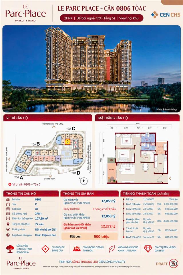 Bán căn 2pn diện tích 107m tòa c, view bể bơi tại kđt parkcity  nơi đáng sống phía tây hn