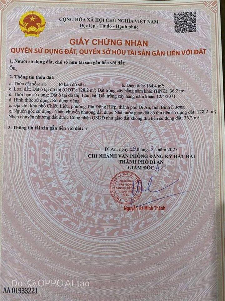 Bán đất tại chiêu liêu, dĩ an, hồ chí minh, diện tích 164,4m2/3 tỷ 200 sổ hồng riêng đầy đủ