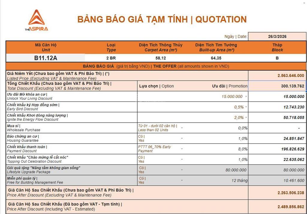 (suất nội bộ) 2pn giá tts 2,533 tỷ  thanh toán 60% nhận nhà ngay  có hàng chi tiết