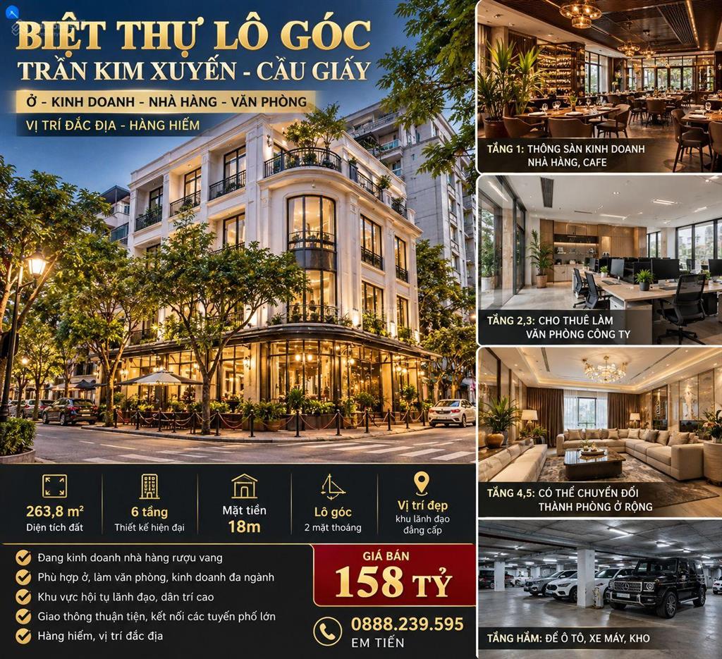 Biệt thự lô góc trần kim xuyến cầu giấy 263,8m mt 18m 158 tỷ