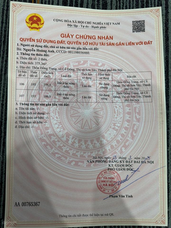 Chính chủ tôi cần bán đất thôn 6 xã hoà lạc  thạch hoà hn 100m2 full thổ cư 3,3 tỷ 0977 514 ***