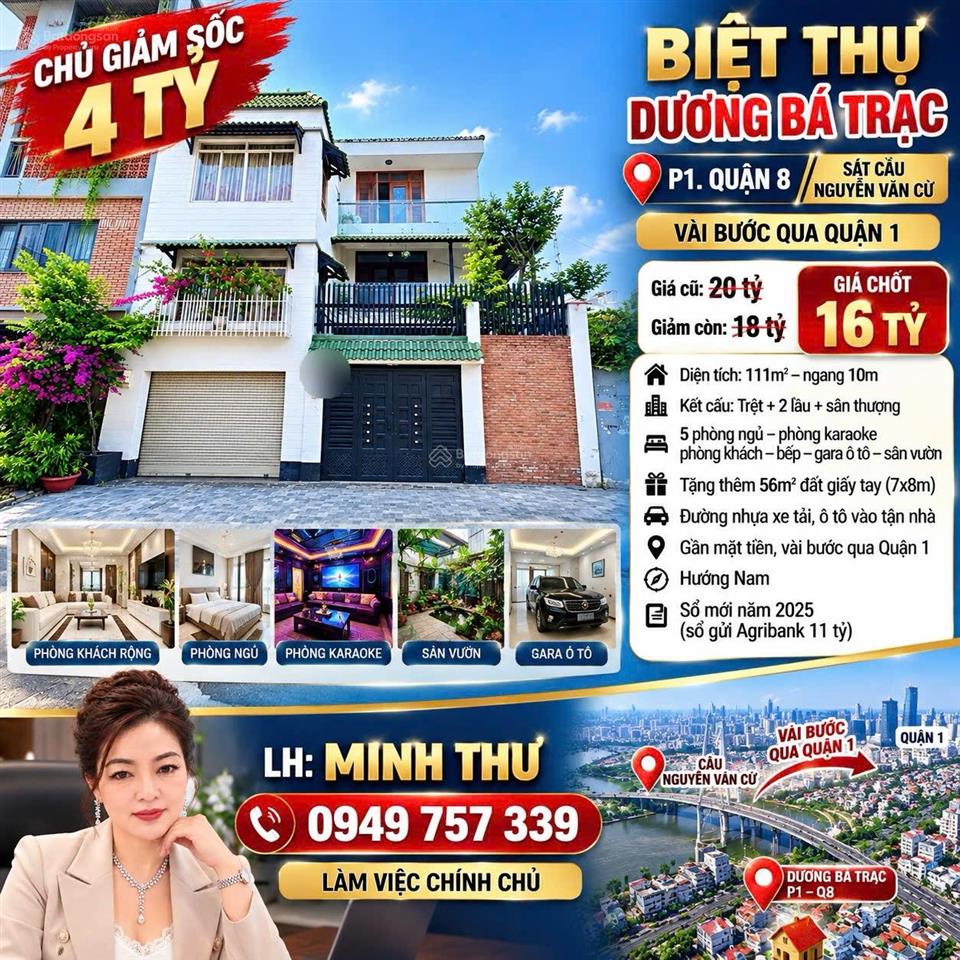Biệt thự dương bá trạc p1 q8 111m 4 tầng xe tải sát cầu nguyễn văn cừ  giá 16 tỷ (tl)