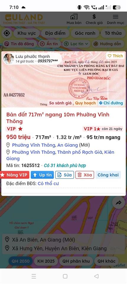 Bán đất 717m2 thổ cư 100m2, dự án đường rạch giá long xuyên mặt tiền 10m, phía sau lộ đường đá 5m