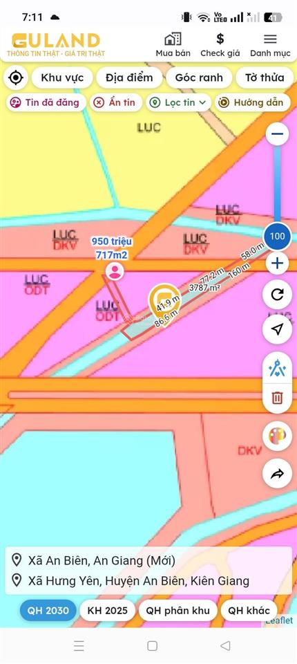 Bán đất 717m2 thổ cư 100m2, dự án đường rạch giá long xuyên mặt tiền 10m, phía sau lộ đường đá 5m