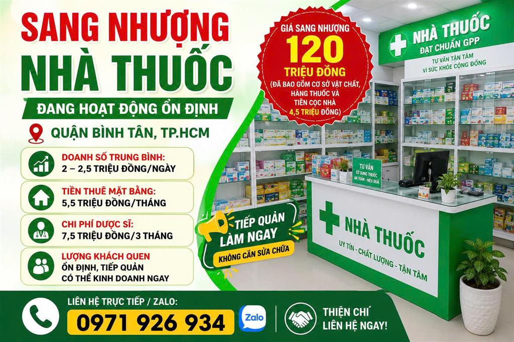 SANG NHƯỢNG NHÀ THUỐC ĐANG HOẠT ĐỘNG ỔN ĐỊNH – Địa chỉ: 07 Tây Lân, phường Bình Trị Đông