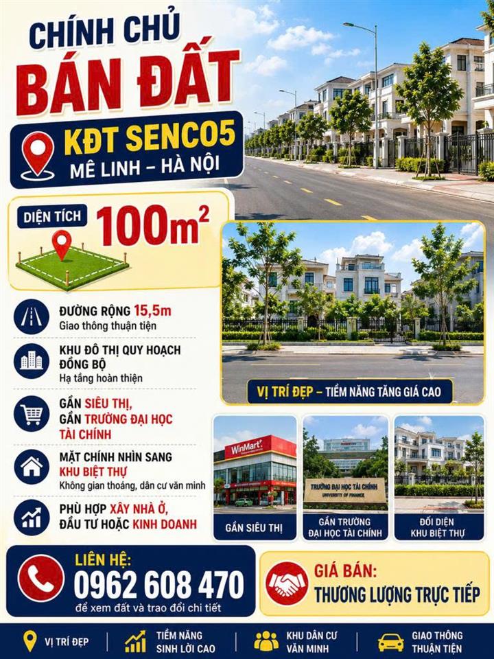 CHÍNH CHỦ BÁN ĐẤT 100m² KĐT Senco5 Mê Linh – Hà Nội Vị trí thuộc khu đô thị quy hoạch
