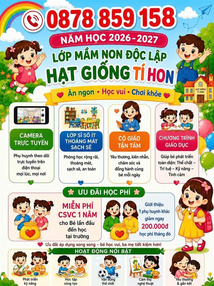 LỚP MẦM NON ĐỘC LẬP HẠT GIỐNG TÍ HON TUYỂN SINH NĂM HỌC 2026 – 2027 Địa chỉ: 729 Phan