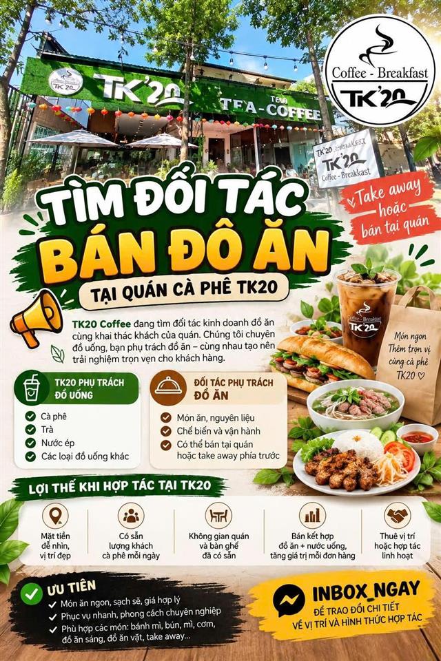 CÓ MÓN ĂN NGON – ĐANG TÌM MẶT BẰNG BÁN HÀNG? TK20 COFFEE ĐANG TÌM ĐỐI TÁC! ĐC 113 Võ Văn