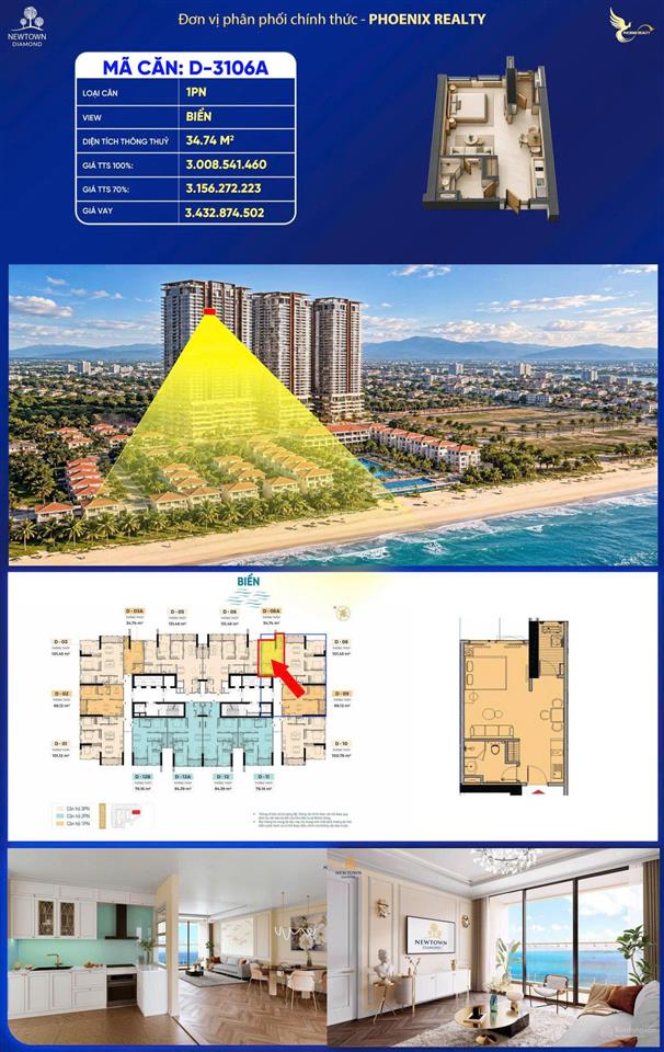 Nổi bật căn 1pn 35m2, tầng 31 dự án newtown diamond giá ngoại giao cdt