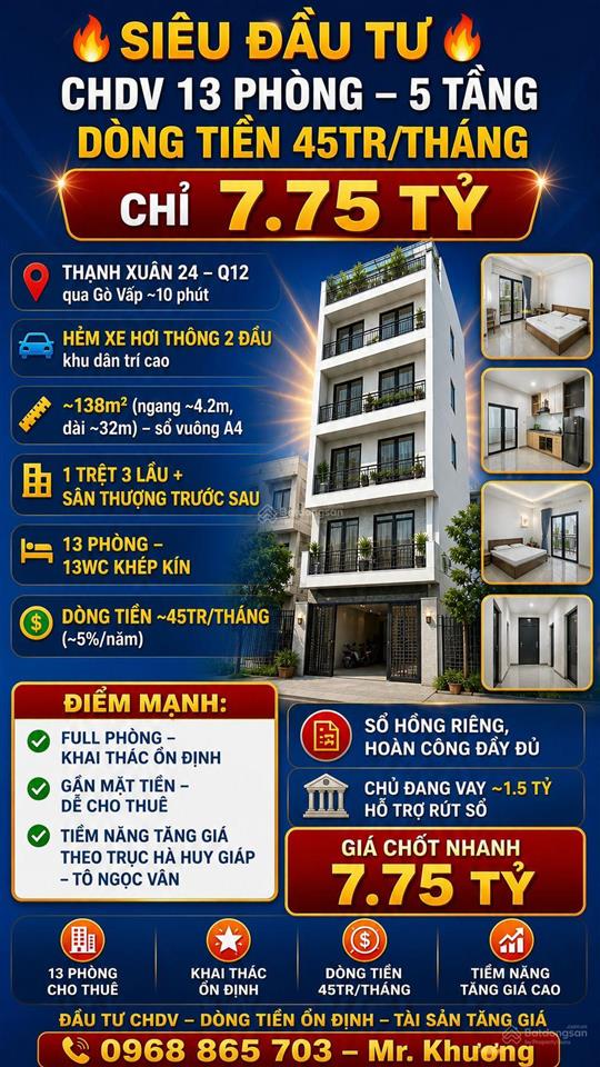 Siêu đầu tư chdv 13 phòng 5 tầng dòng tiền 45tr/tháng | chỉ 7.75 tỷ