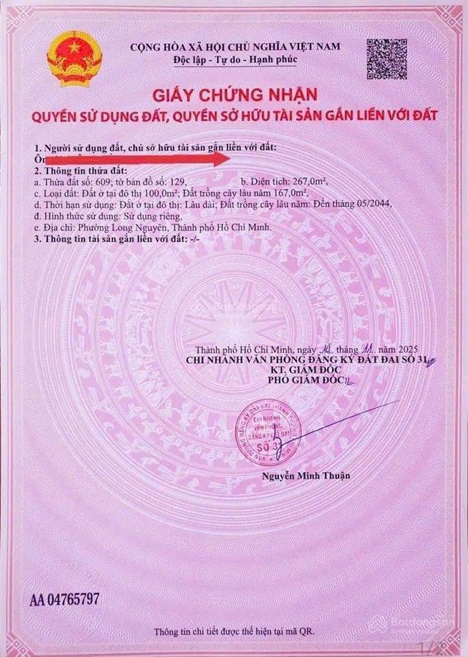 Chính chủ cần bán đất mt đường dt 748, tp bến cát bình dương