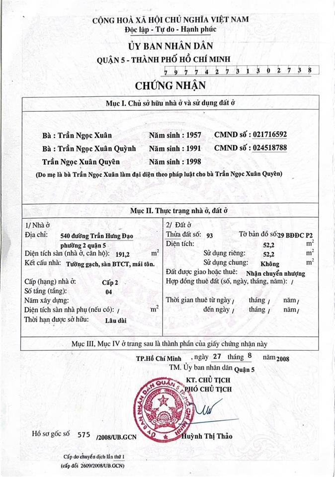 Tòa nhà | 540 trần hưng đạo, p. 2, q. 5 | 4,1*12,75 = 52,2m2 | bán 26 tỷ  thuê đàm phán