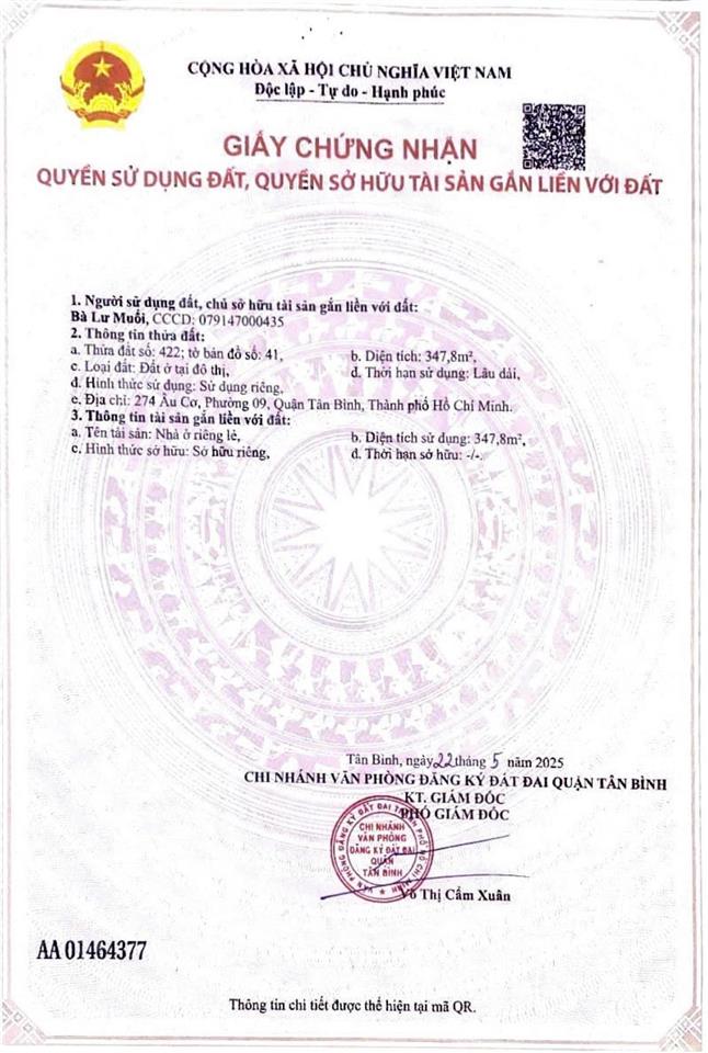 Đất | 274 âu cơ, p. 9, q. tân bình | 10*65 = 592.3m2 | bán 55 tỷ  thuê đàm phán