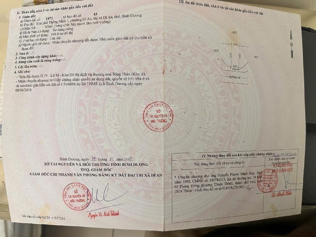 3ti900 còn tl lô đất 65m2 thuộc khu toa xe lửa 1.ngay sát vincom 550 dĩ an