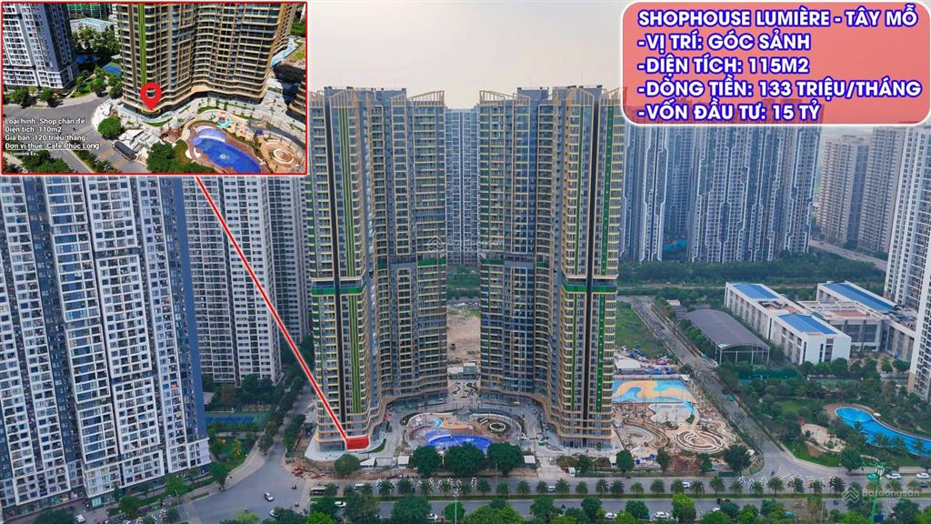 Bán căn góc shophouse sẵn hđ thuê 133tr/tháng, mặt tiền 15m, đường 30m, phân khu lumière, 110m2