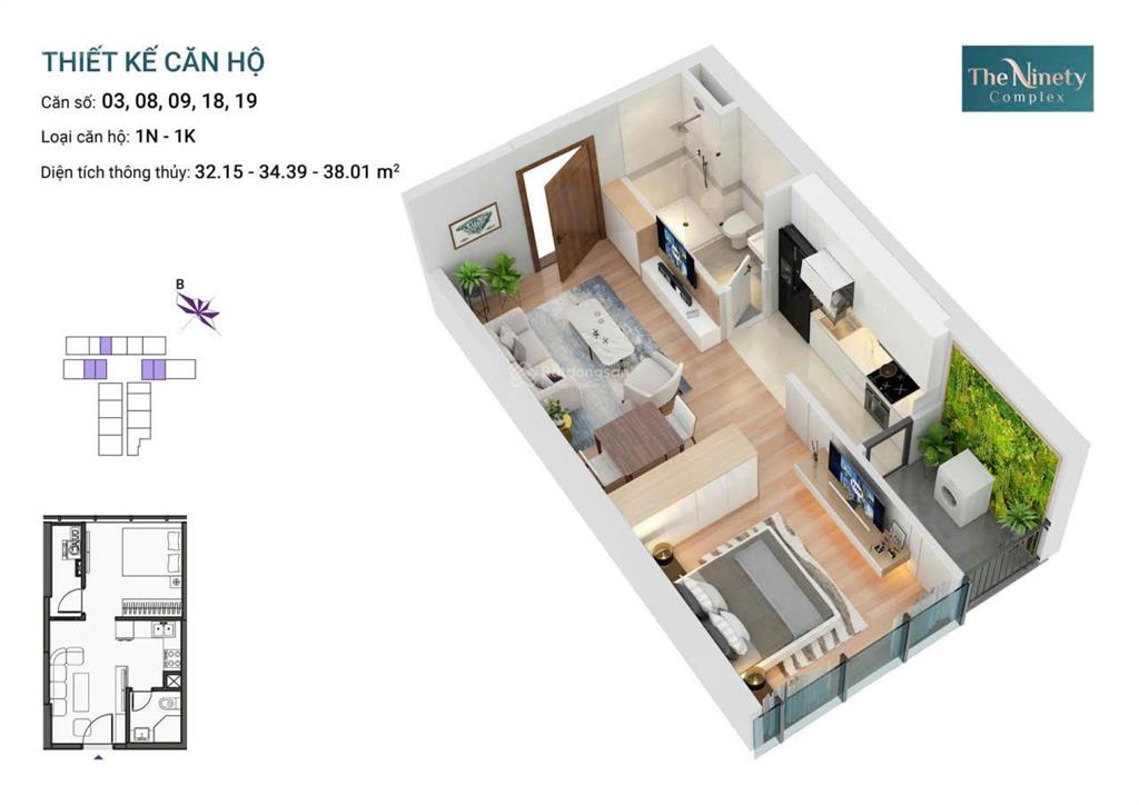 Bán căn studio 1 phòng khách 1 ngủ 1wc the ninety complex