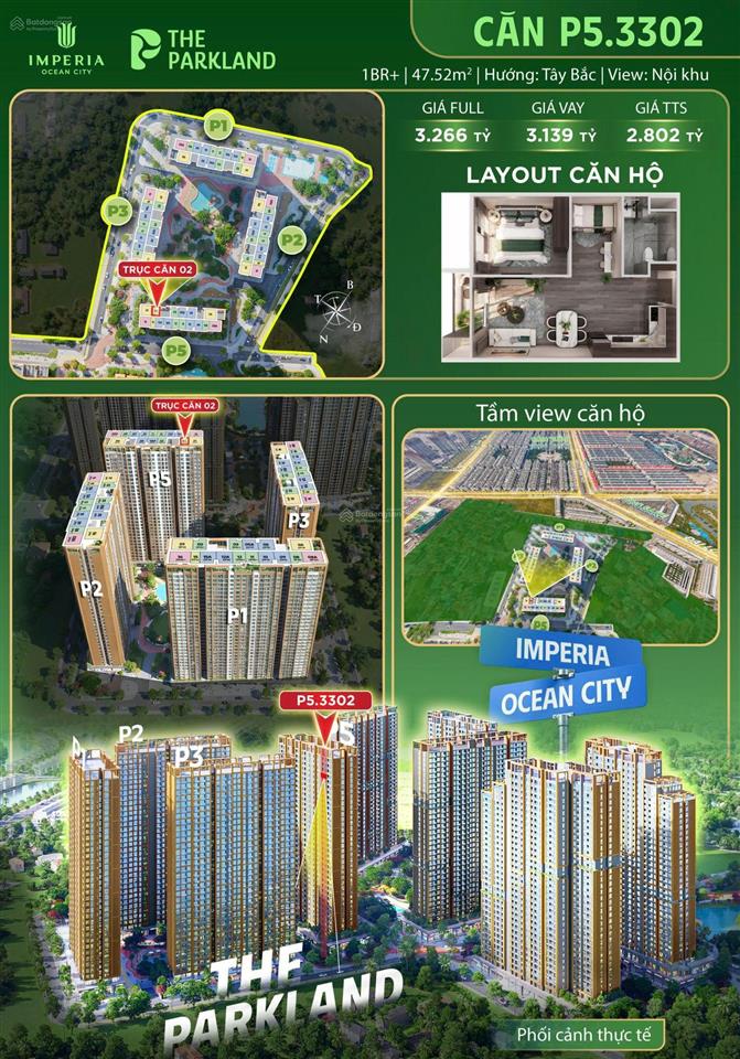 Bán gấp căn hộ 2pn, 1wc tại the parkland  imperia ocean city, 2,802 tỷ, 47,52m2