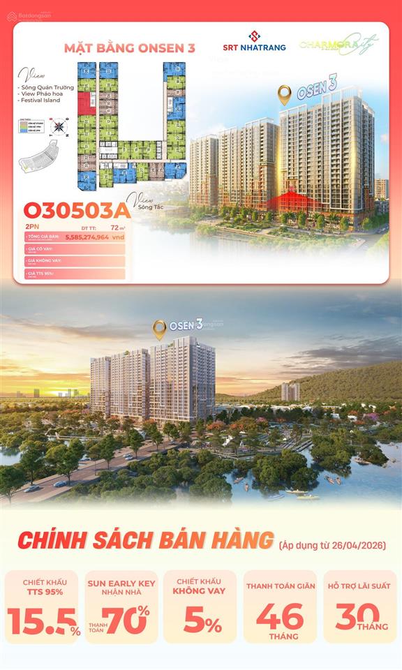 Căn hộ 2pn view sông  onsen3 charmora city  giá thanh toán 1 lần chỉ 4,358 tỷ