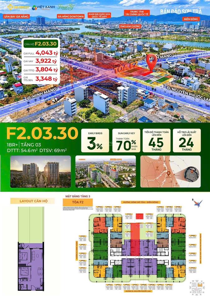 Tòa f2fours tower, căn hộ cao cấp sân vườn 1pn+, view biển