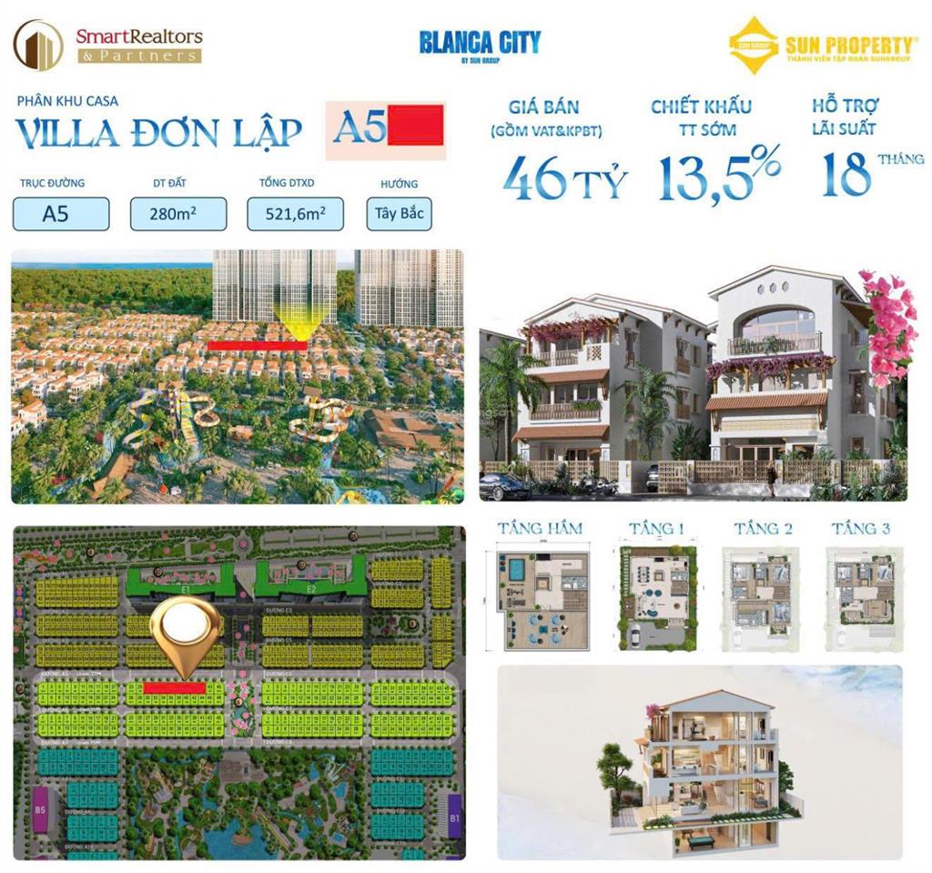 Villa đơn lập trục chính a5 blanca city vũng tàu  280m2, giá 46 tỷ, chiết khấu 13.5% | sun property