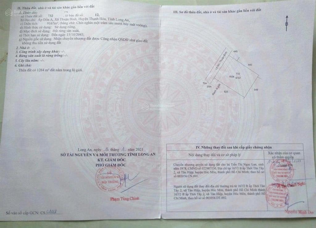 Cần bán đất 9.167m tại xã thuận bình, huyện thạnh hoá, tỉnh long an.