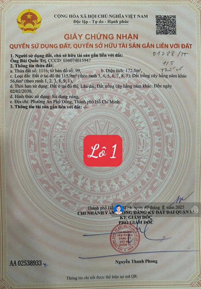 Bán 350m2 có 223m2 thổ cư đất 1/ sông thông vào khu sơn ca 8 đường vườn lài, an phú đông, giá 20 tỷ