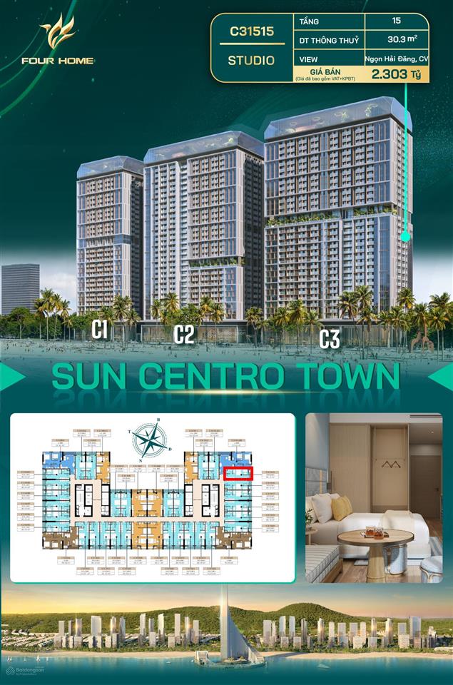 Chính chủ cần bán căn studio tại sun centro town, 2,303 tỷ, đầy đủ nội thất