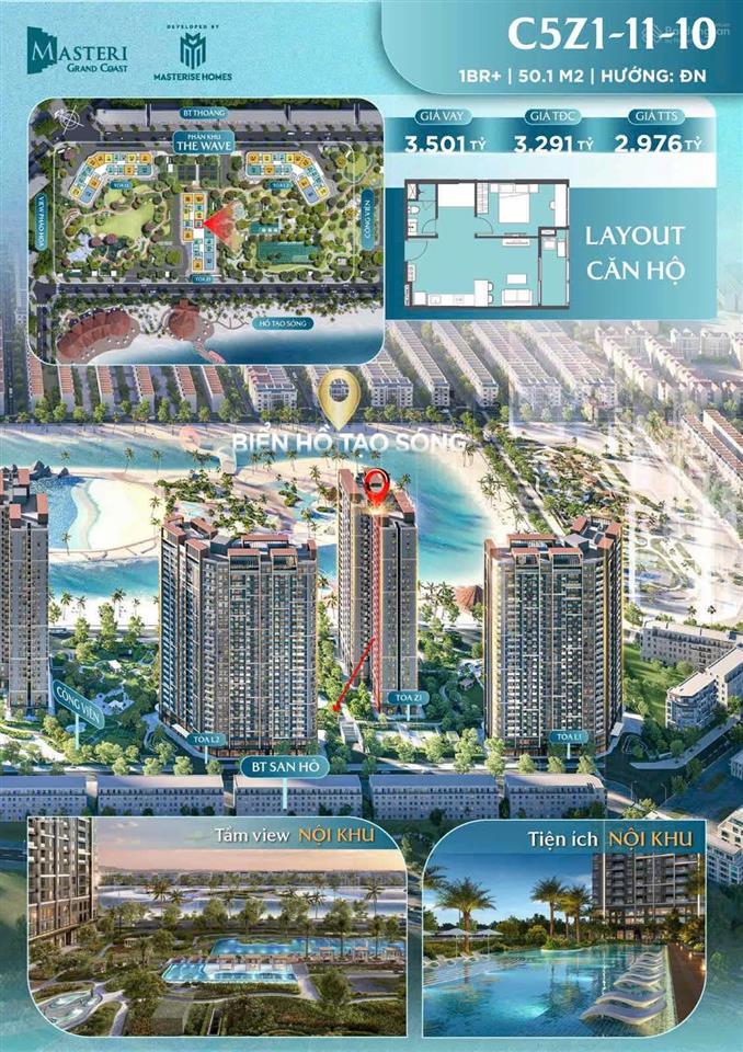 Chỉ 1 tỷ sở hữu ngay căn hộ 1pn+ 46m2 view hồ tạo sóng masteri grand coast
