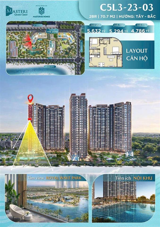 Chỉ 1 tỷ sở hữu ngay căn hộ 1pn+ 46m2 view hồ tạo sóng masteri grand coast