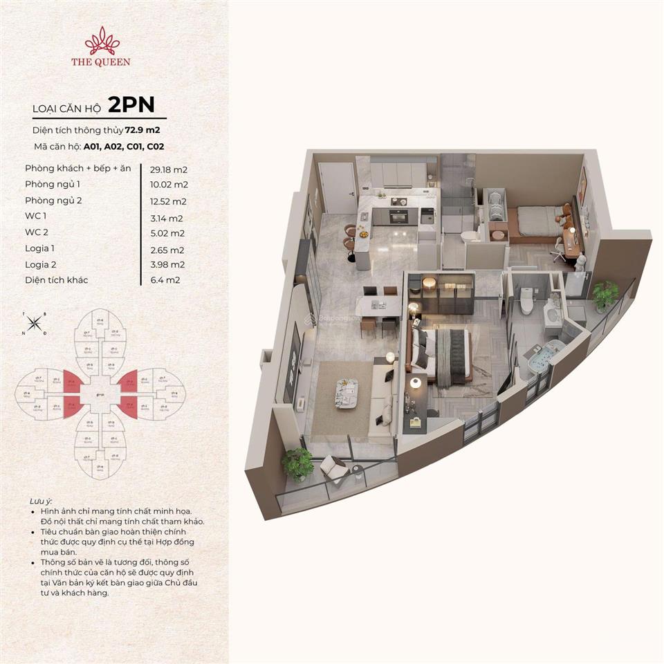 Bán căn hộ 2pn view đẹp tại the queen, giải phóng, 6,8 tỷ, 72,9 m2