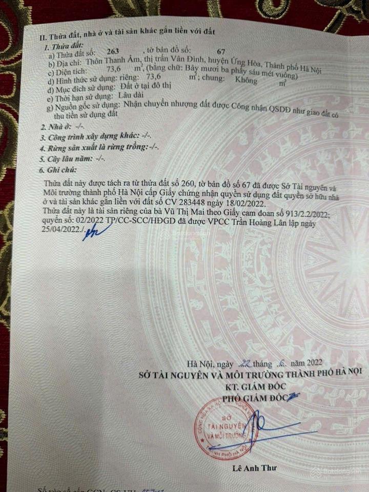 Bán đất tặng nhà tt vân đình thôn thanh ấm  xóm bách hoá 73,6m giá 2,8 tỷ