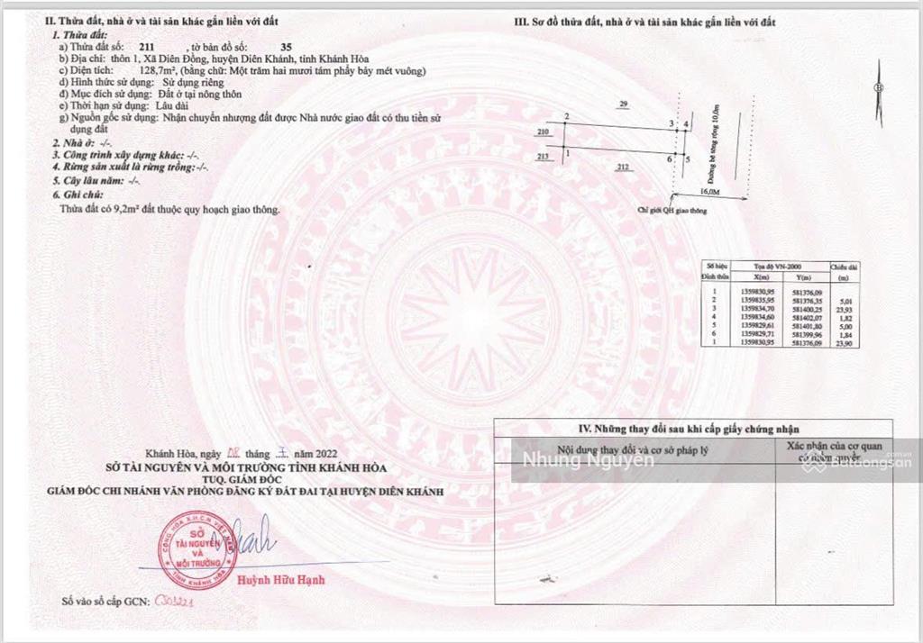 Gấp! bán nhanh lô đất diên đồng thổ cư 100% đường 16m