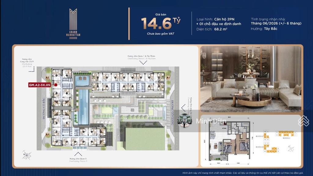 Bán cc 2pn 2wc, 68m2, 14,5 tỷ tại the grand manhattan, q1, hcm  có chỗ đậu xe