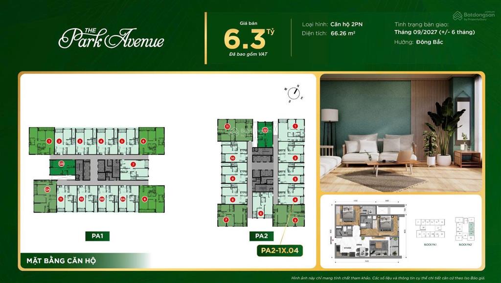 Căn hộ 2pn the park avenue quận 11, 6,3 tỷ, hướng đông bắc, view quận 1
