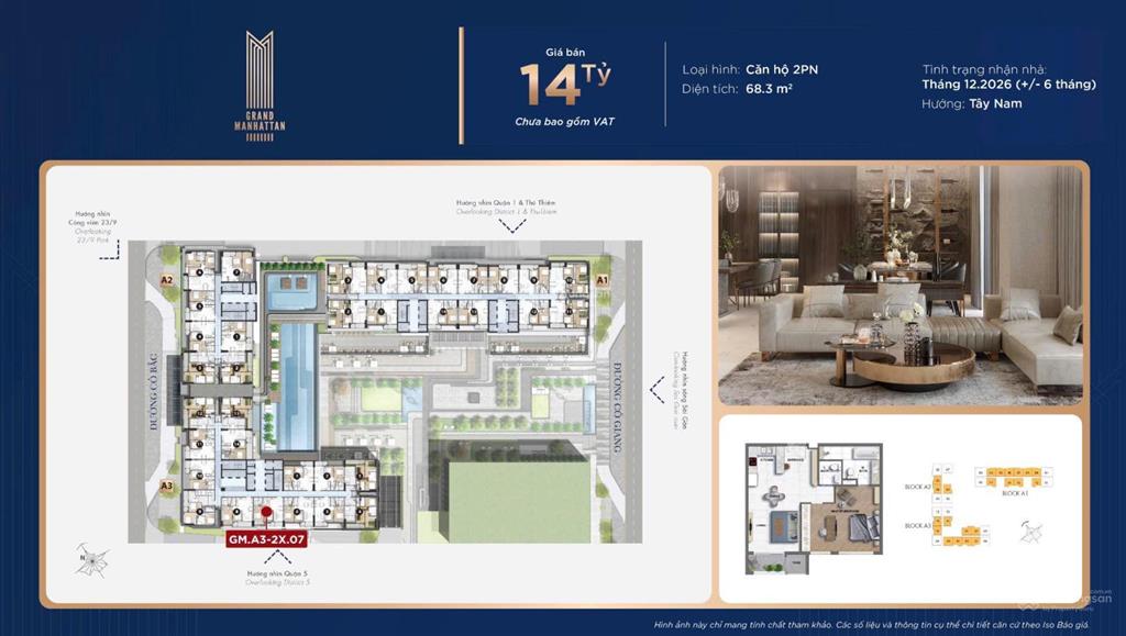 Bán cc the grand manhattan, 14 tỷ, 68m2, 2pn, 2wc, giá siêu hời thanh toán 30% sang tên