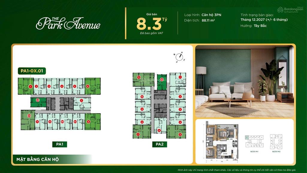 Bán căn hộ 3pn, 2wc tại the park avenue, 88m2, chỉ với 8,3 tỷ vnd view công viên phú thọ