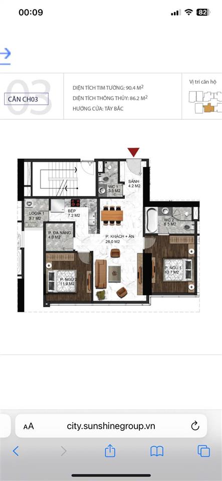 Chính chủ gửi bán gấp căn hộ 1603 100 triệu/m2, 86m2 đẹp xuất sắc! rõ ràng giá hời khu vực
