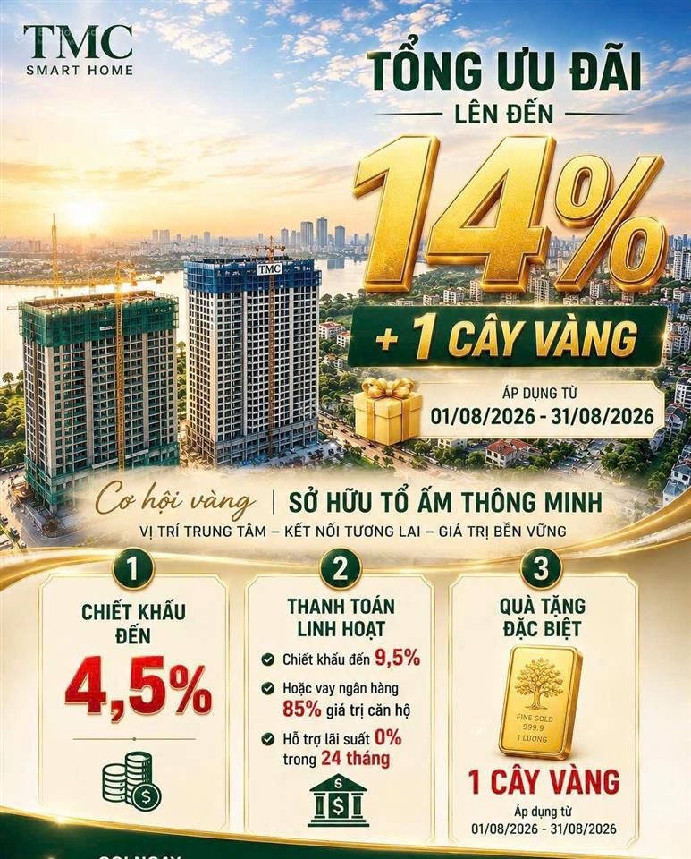 Căn hộ 3pn tại tmc smart home vào 1.4tỷ htls 0% trong 24th