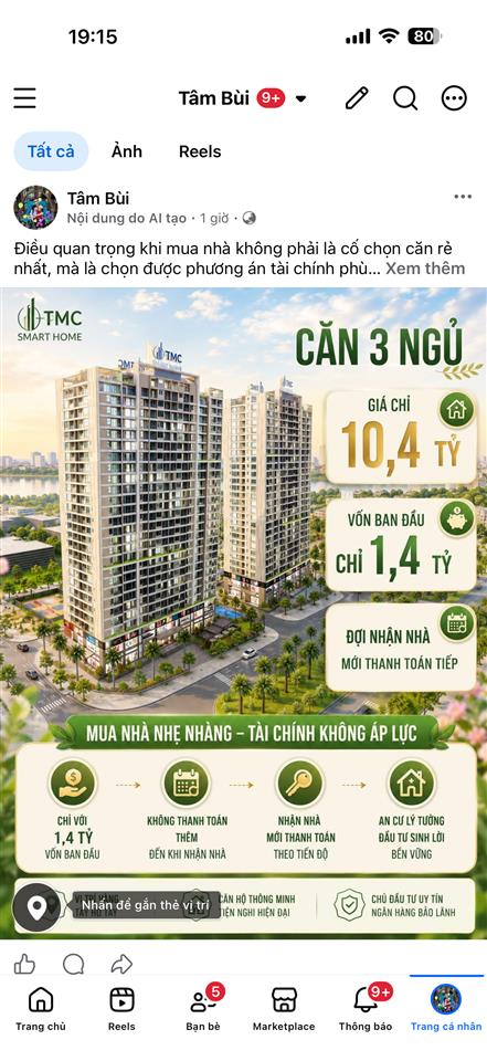 Căn hộ 3pn tại tmc smart home vào 1.4tỷ htls 0% trong 24th