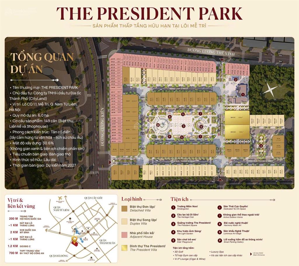 Mở bán liền kề, biệt thự the president park đối diện green bay mễ trì, mua trực tiếp cđt