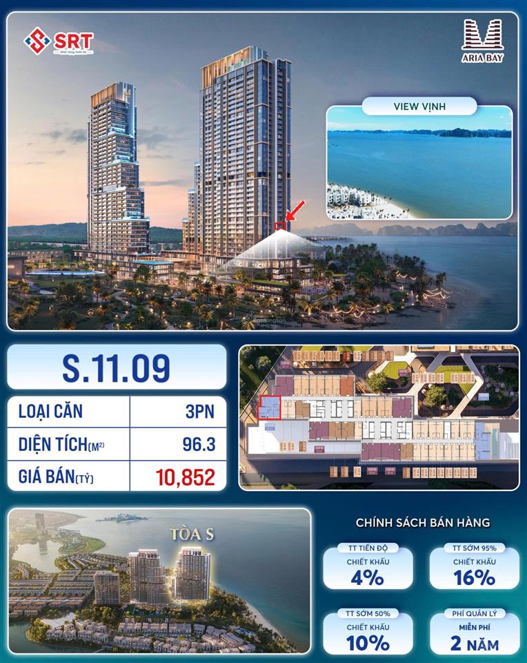 Căn góc 3pn trục 09 vip  đông nam sát biển  ngắm pháo hoa  aria bay hạ long  96.3m2  chỉ 9 tỷ