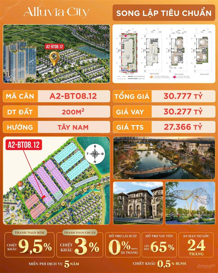 Độc quyền căn song lập xẻ khe hàng hiếm gần phố đi bộ,công viên,chung cư tại alluvia city. 136tr/m2
